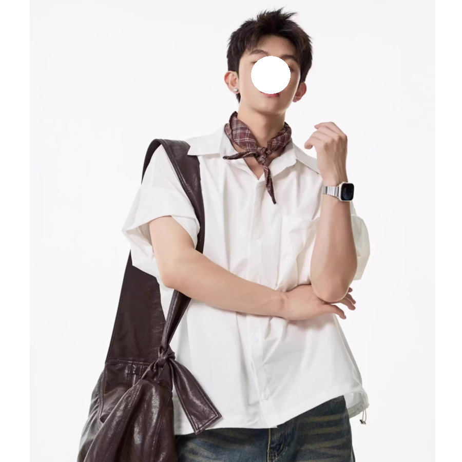 Khaki Tooling Shirt Short-sleeved Men's Summer American Simple Loose Lapel Shirt Drawstring Design Couple Inch Clothes Tide_viptrois.com