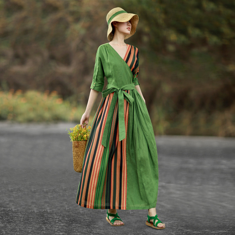 He Xuan Original Literary Women's Linen Dress Summer New Vintage Stitching Striped Elegant Slimming Long Dress