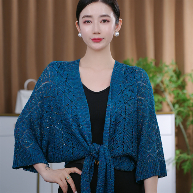 韓国版の新しい夏用エアコンキルトショール、ファッショナブルで多用途、明るい色のニットアウター、光沢のある中空、黄色と白、同じスタイル|undefined