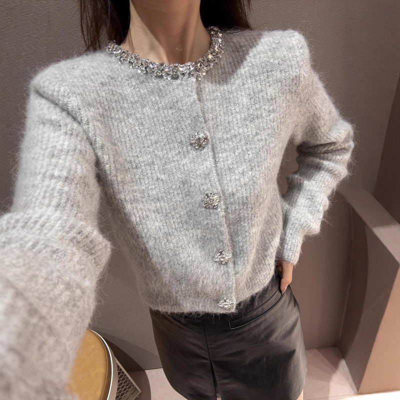 Sp2025 New Winter Style Heavy Handmade Beaded Small Fragrant Jacket Round Neck Short Long-Sleeved Diamond Knitted Cardigan