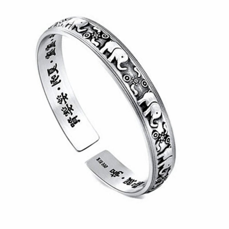 Retro plata tailandesa auspiciosa elefante hermoso significado abierto anillo de brazalete encantador brazalete de escritura Dorouni