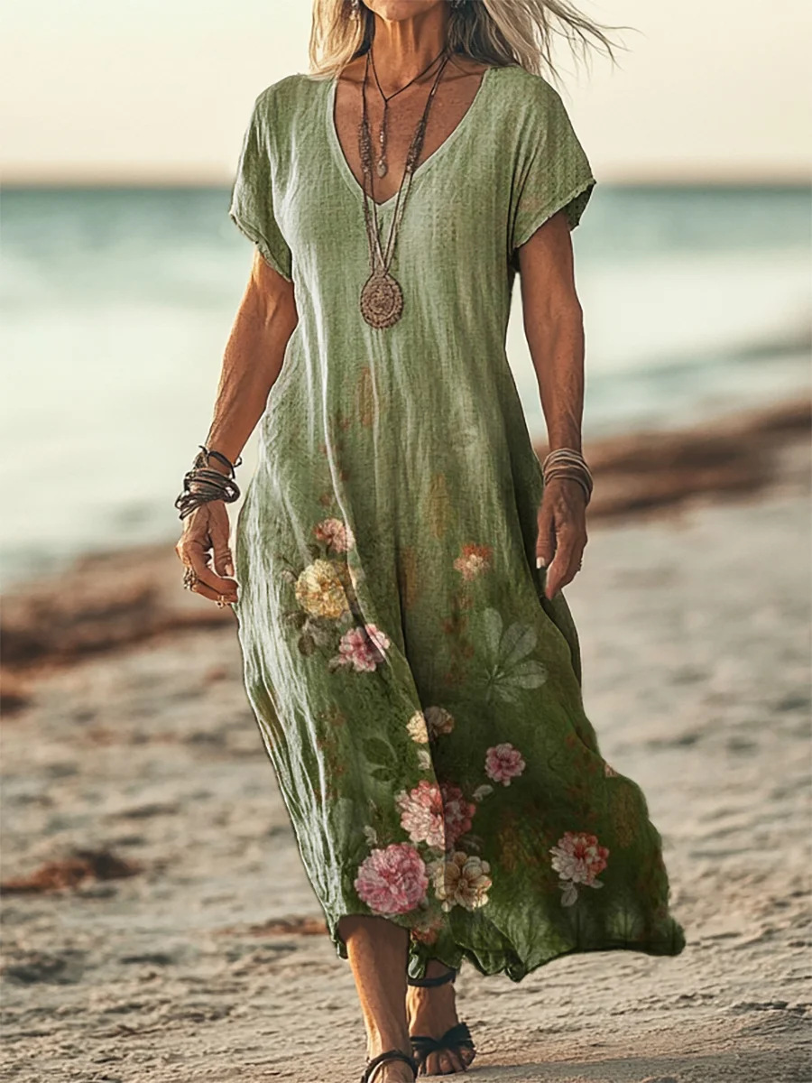 Creative Floral Women's Summer V-Neck Short Sleeve Dress, Mid-Length Dress_ecoleips.com