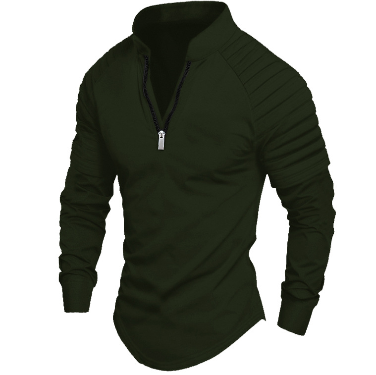 Men's Long Sleeve Polo Shirt With Arm Pleats And Zipper Casual_voghion.com