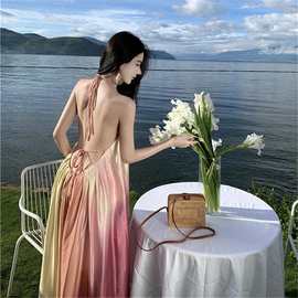 度假风露背裙超仙无袖连衣裙玫红格子显白宽松夏季海边新款沙滩裙