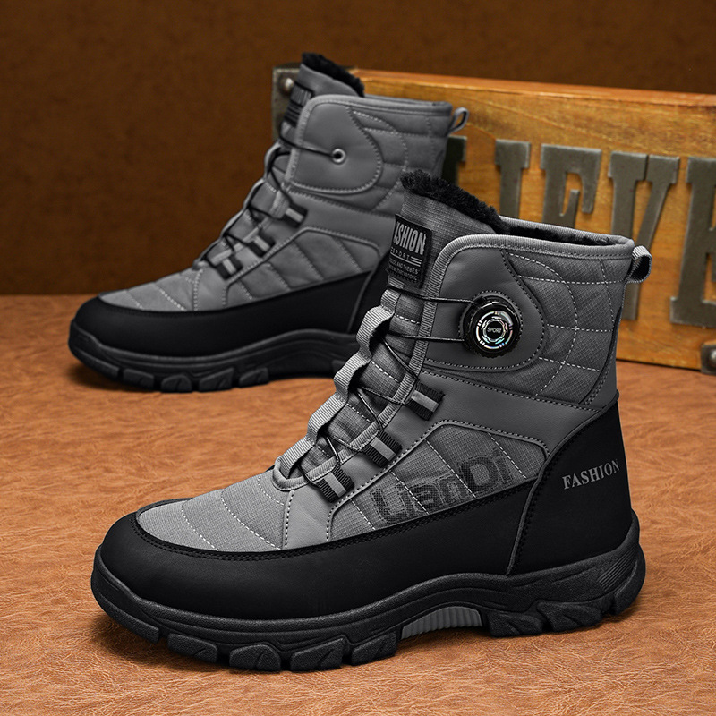 Invierno transfronterizo nuevo tipo de hombre botas de nieve de fondo grueso de alto impacto con veludo grueso calentamiento botón giratorio antideslizante zapatos de algodón resistentes al desgaste