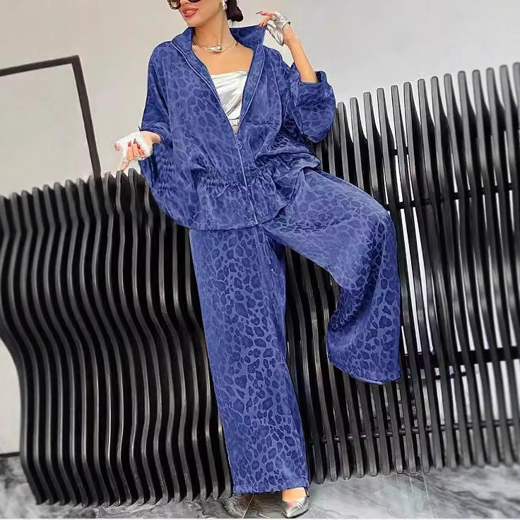 2025现货秋冬新款欧美跨境女式翻领腰部抽绳长袖豹纹休闲套装|undefined