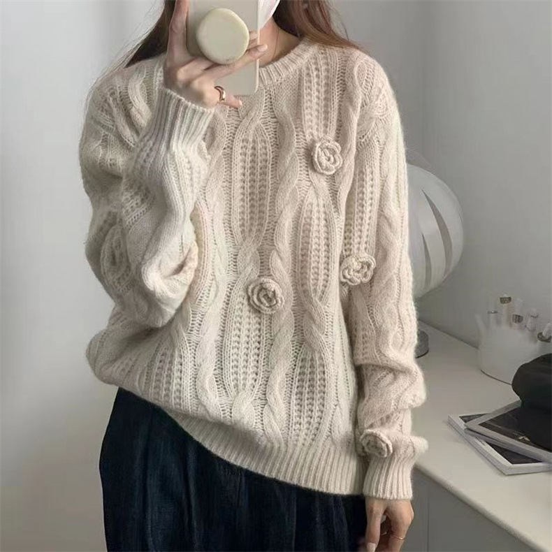 Suéter de punto estilo coreano con cuello redondo y diseño de rosa tridimensional, moda otoño 2024 image 7