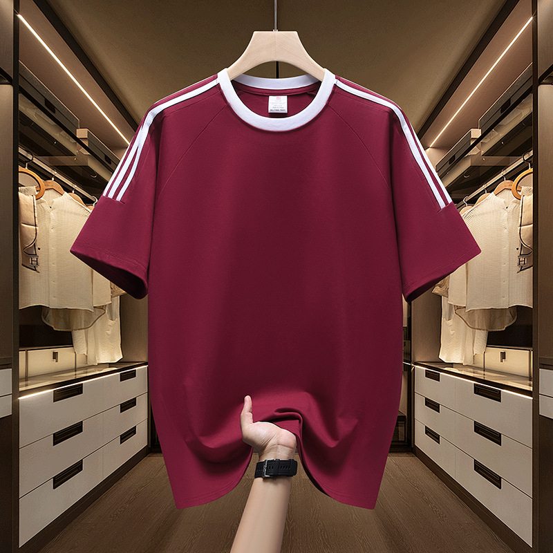 Algodón transfronterizo americano de tres barras de manga corta camiseta deportiva de moda masculina suelta y atractiva chaqueta de comercio exterior