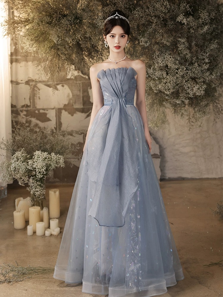 Strapless Evening Dress 2025 New Style Blue Banquet Elegant High-End Light Luxury Niche High-End Host Coming-Of-Age Ceremony