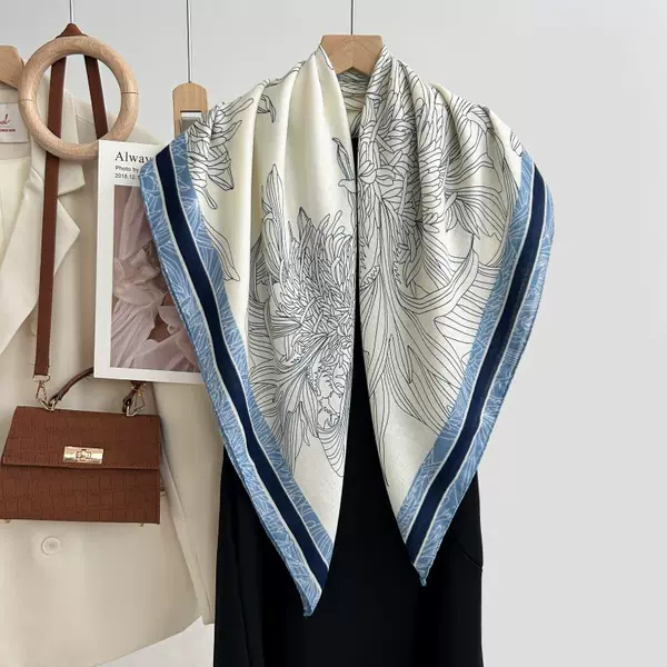 Autumn and Winter Korean Style White Flower Print Fresh and Elegant 90 Square Scarf Herringbone Pattern Shawl Soft Skin-friendly Warm Scarf