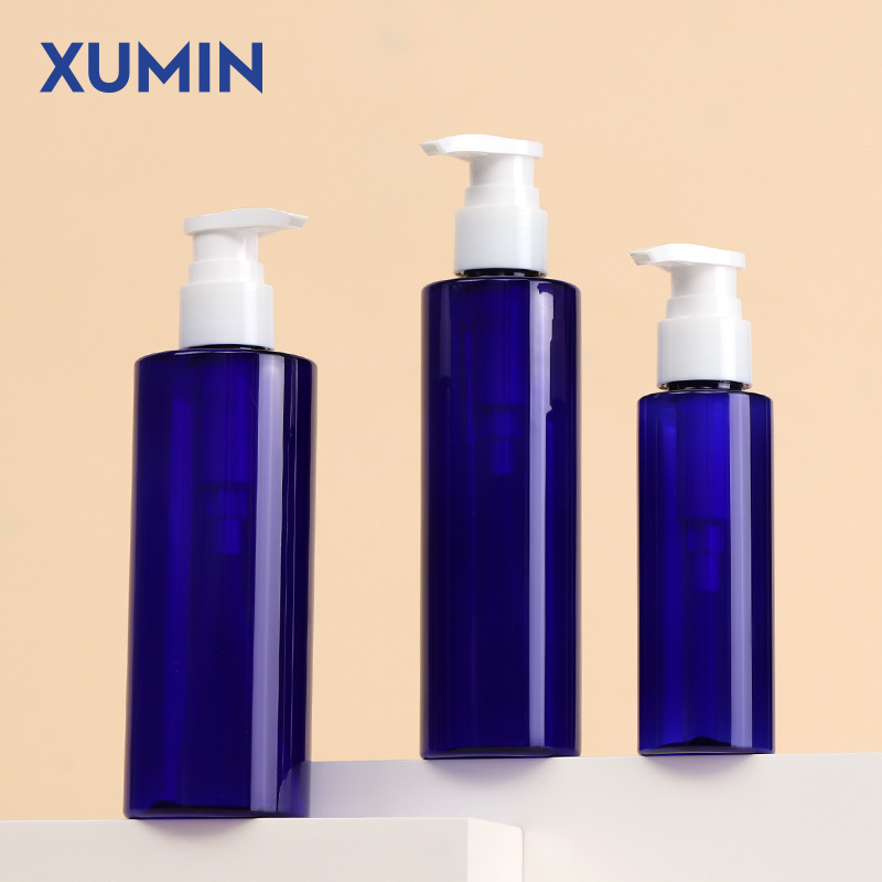 Botella de cabeza de bomba de presión cosmética Xumin 100-200ml botella de loción corporal a través del hombro azul 250ml botella de esencia
