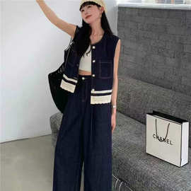 蕾丝花边牛仔短款马甲女春夏两件套装2025圆领外套水洗阔腿裤显瘦