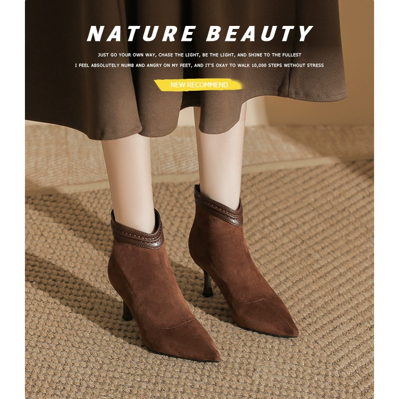 662 заостренные сапоги на высоком каблуке женский 2024 новый зимний сезон замшевые носок на каблуках сапоги на молнии эластичные тонкие сапоги