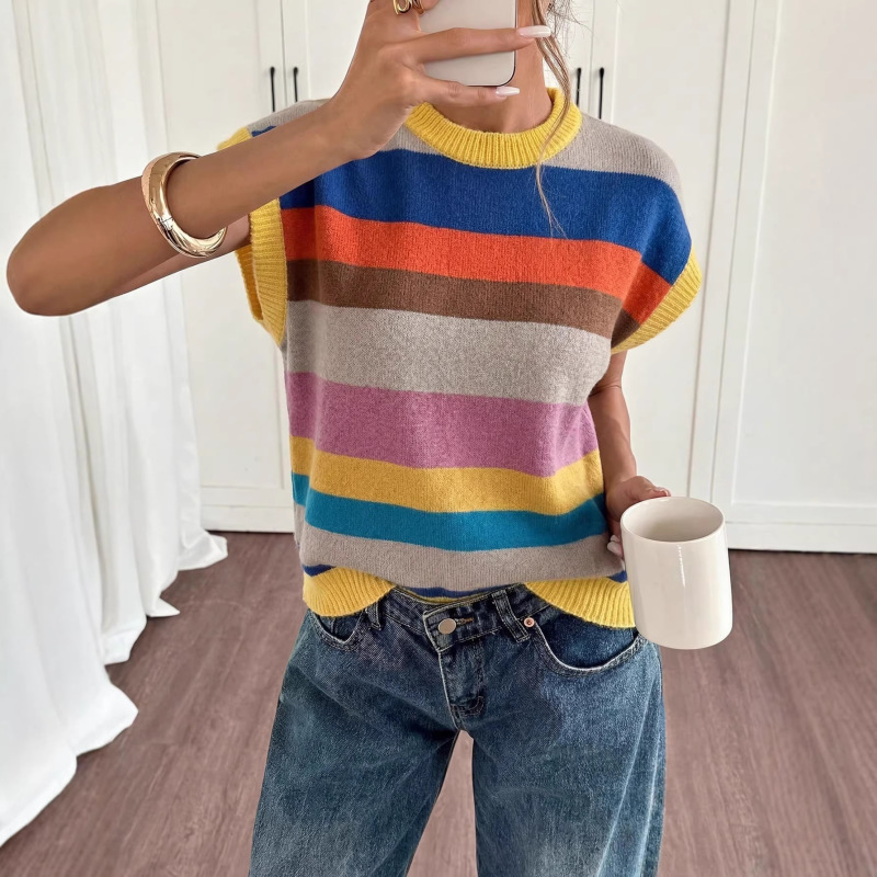 Cross-Border Shein Round-Neck Knitted Vest for Women 2026 Summer New French-Style Striped Color-Blocking Sleeveless Top