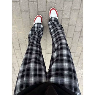 cleanfit黑白格子裤男款春秋穿搭慵懒阔腿裤子美式休闲微喇直筒裤