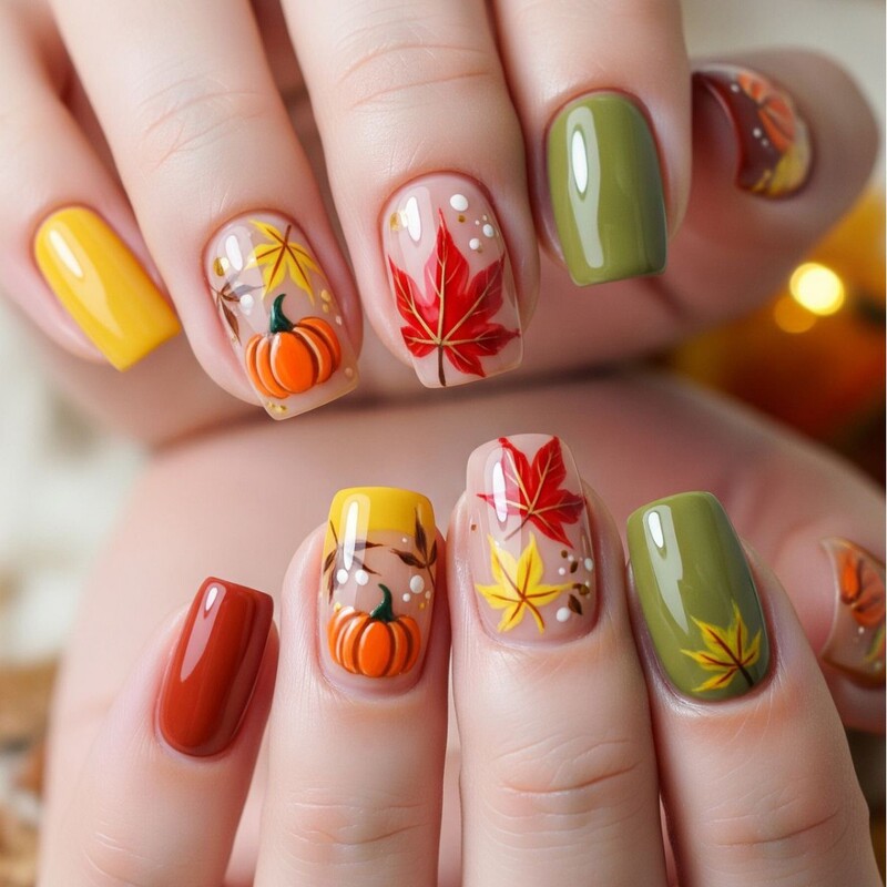Colorful Maple Leaf Pumpkin Press-On Nails, Short Square, Dopamine-Inspired Fresh Style, 24 Pieces, High-End Versatile Unique Design Colorful Maple Leaf Pumpkin Press-On Nails, Short Square, Dopamine-Inspired Fresh Style, 24 Pieces, High-End Versatile Unique Design