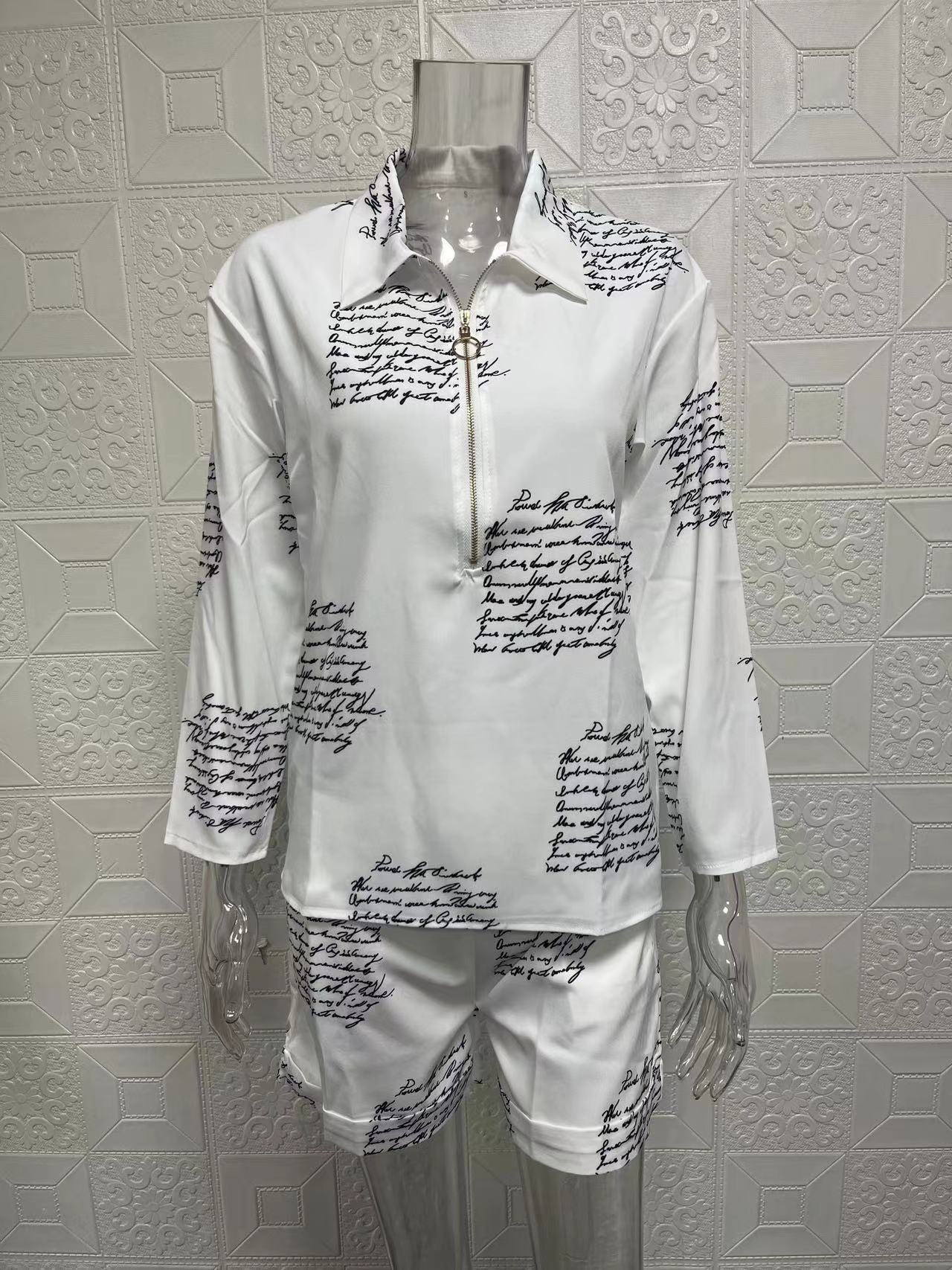 Ensemble deux pièces pour femmes, haut à manches longues, short imprimé avec fermeture éclair, nouvelle collection automne 2024_voghion.com