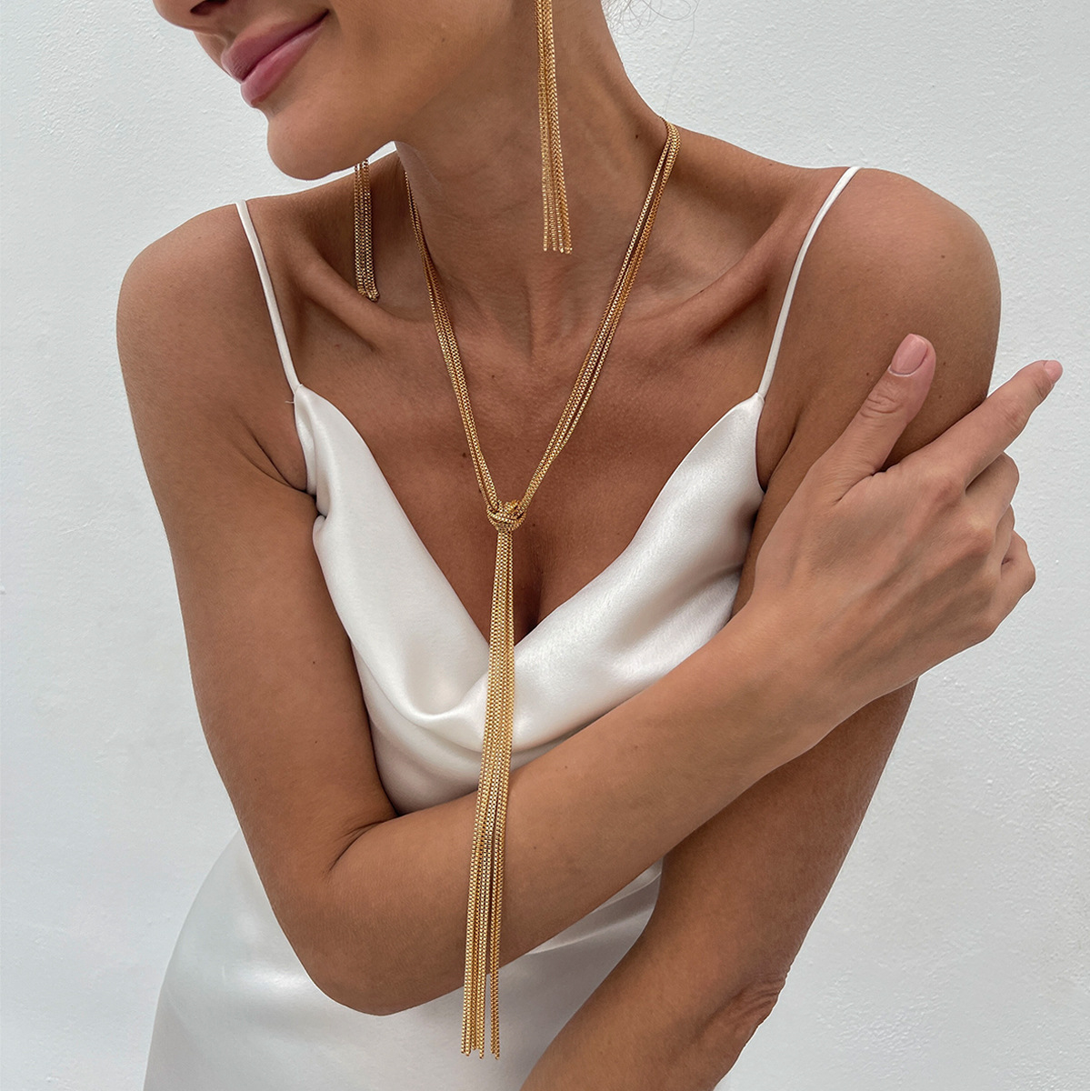 欧美跨境饰品 长款流苏蛇骨链颈链necklace 冷淡风素链打结项链