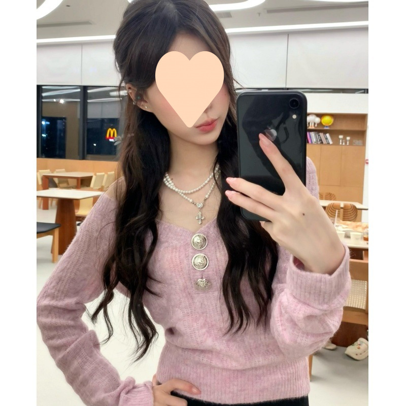 韓系甜美風性感露肩長袖領毛衣女春秋時尚氣質收腰百搭針織上衣