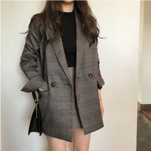 in stock South Korea Chic Retro Elegant Simple Classic Plaid Double Row Two-button Suit Jacket Women's 2-color