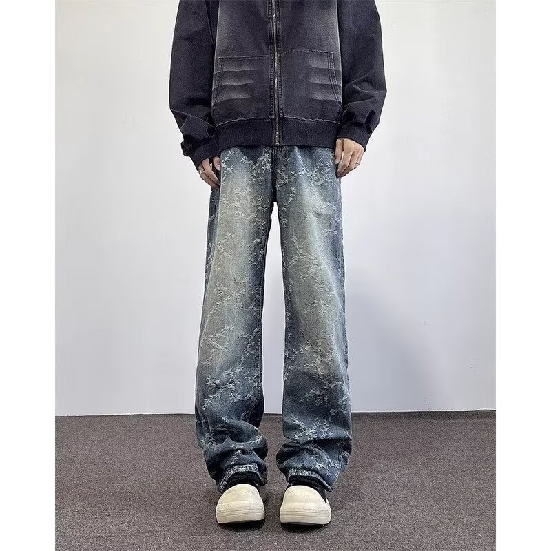 Pantalones Mezclilla Retro para Hombre de Mezclilla, Efecto Lavado y Corte Recto para Uso Diario