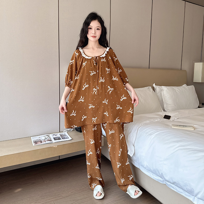 Cotton Silk Comfortable Plus-Size Pajamas with Printed Short-Sleeve Top and Long Pants Set, Loose Fit, Suitable for Wearing Outside, Women's Loungewear