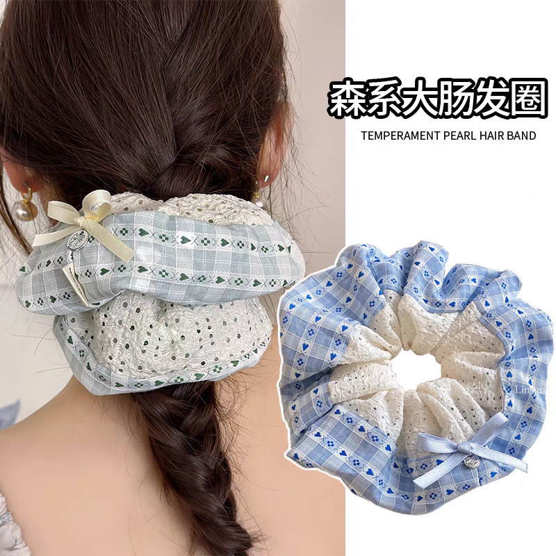 緑と白のパッチワークチェック柄生地ヘアゴムパターンプリント肥厚ヘアゴム ab 両用女性の頭飾りポニーテールヘッドロープ|undefined