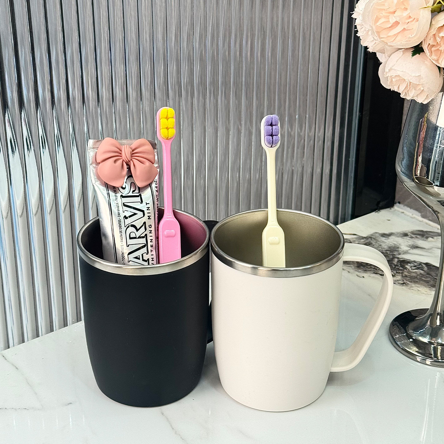 Luxury Stainless Steel Toothbrush Holder And Mouthwash Cup Set_voghion.com
