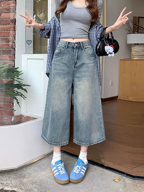 Vintage Summer Cropped Jeans for Women, Straight Wide-Leg Pants, Mid-Length, Washed High-Waisted, Slimming Petite Pants