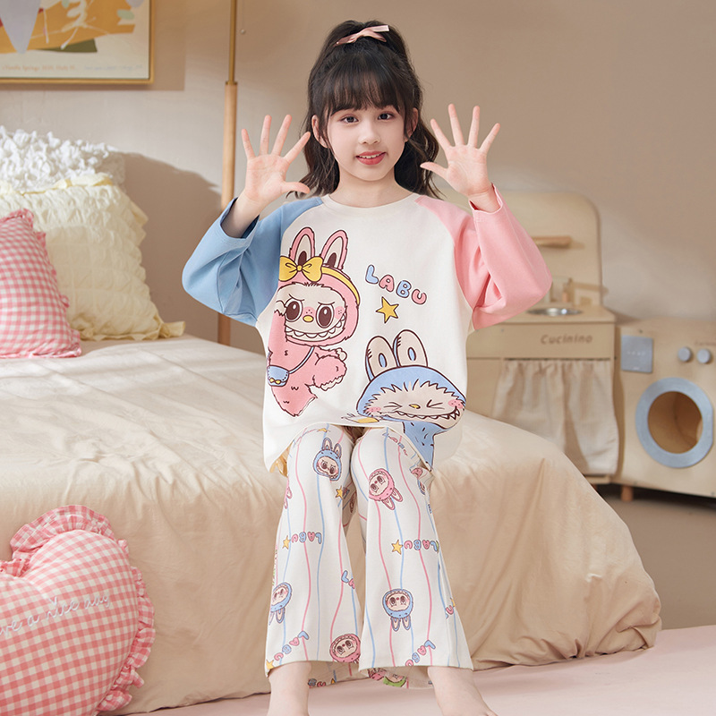 100% Cotton Kidsren's Pajamas for Girls Spring & Fall Round Neck Medium and Large Kidsren's Princess Girls Home Clothes Pure Cotton Fabric
