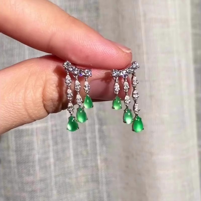 复古祖母绿水滴流苏耳钉女vintage轻奢高级感耳坠小众设计耳饰品|undefined