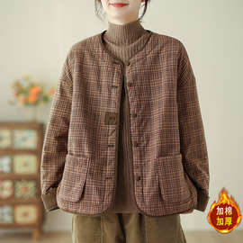 实拍复古格子棉服女冬季新款圆领宽松显瘦棒球服保暖棉衣外套