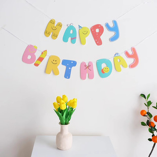 ins Cartoon Colorfulful Smiling Face Candle Letter Pull Flag Kidsren's Birthday Party Scene Hanging Flag Decoration Banner Props