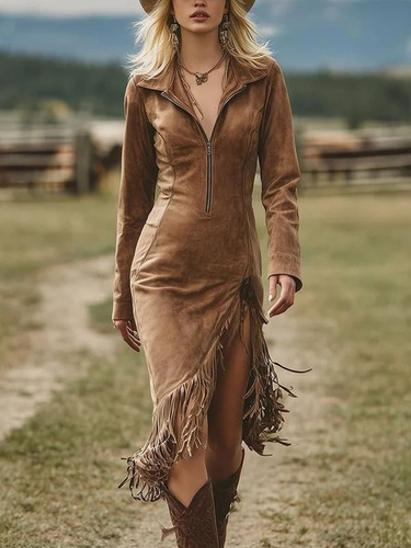Hot Western denim style suede tassel slim long-sleeved dress