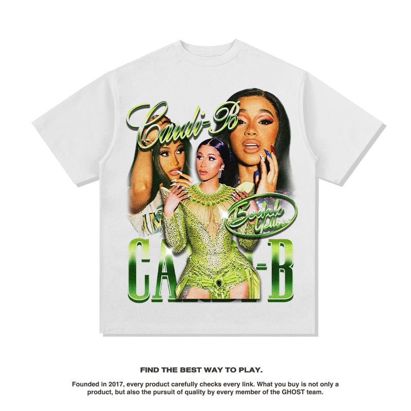 Tarjeta hermana Cardi B Europa y América hip-hop rap americano street hip-hop marca de moda estampado retro desgastado lavado manga corta