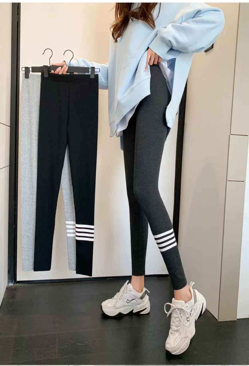 批发春秋灰色螺纹纯棉打底裤女外穿薄款显瘦秋裤打底裤大码港味