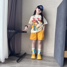 女童夏季休闲套装2025新款网红中大童女孩百搭卡通短袖短裤两件套
