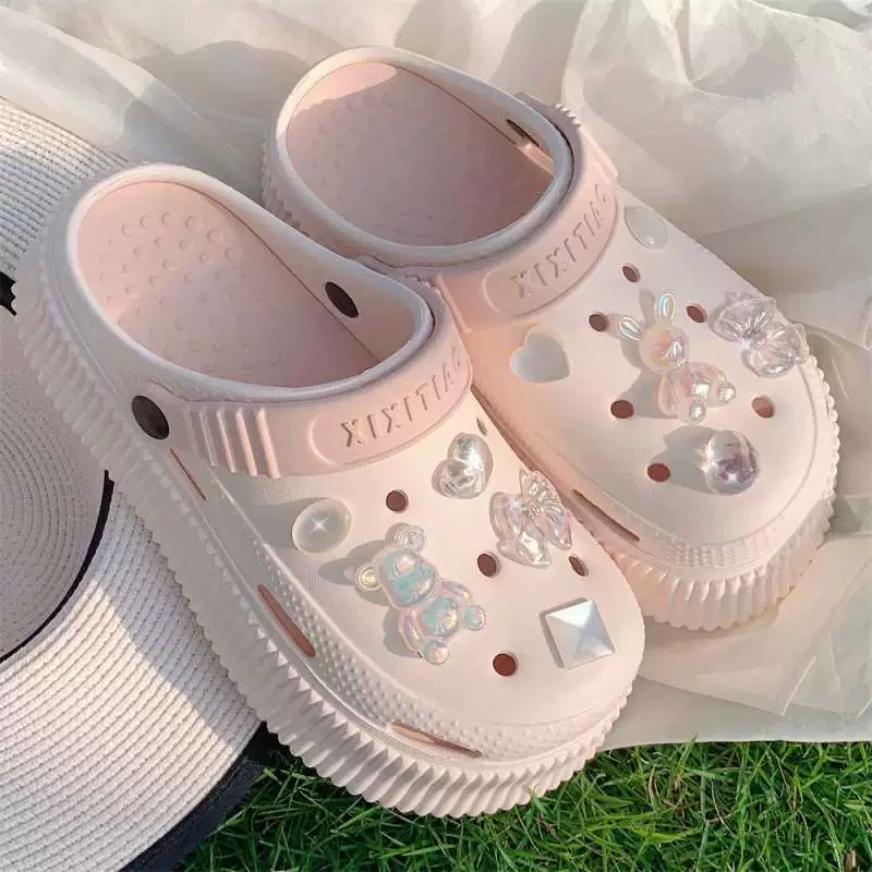 Женские летние пляжные сабо в стиле милой феи с кристаллами и стразами на толстой подошве для студенток