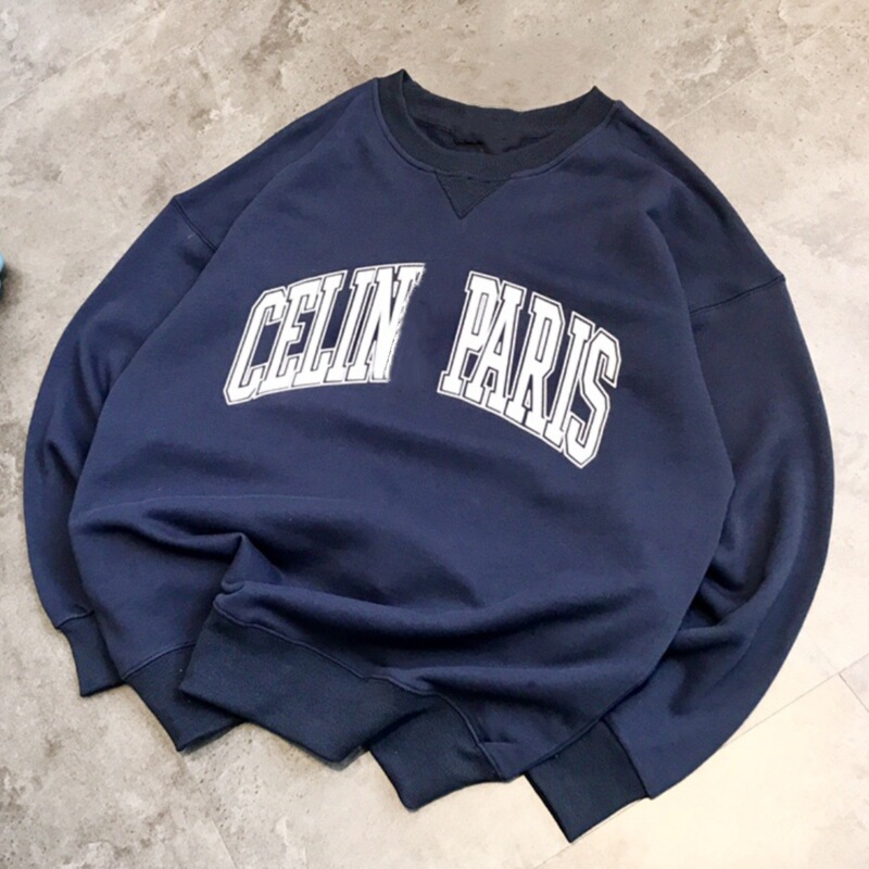 Cel25 Autumn New Navy Blue Flocked Letter Crew Neck Loose Couple Sweatshirt Jimo Trendy Brand Unisex