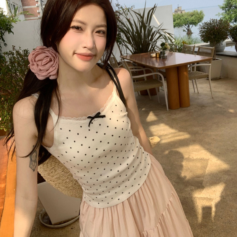 2024 New Pure Cotton Polka Dot Camisole with Breast Pads, Lace Bows, Outer Wear and Inner Wear, Beautiful Back and Chest Wrap