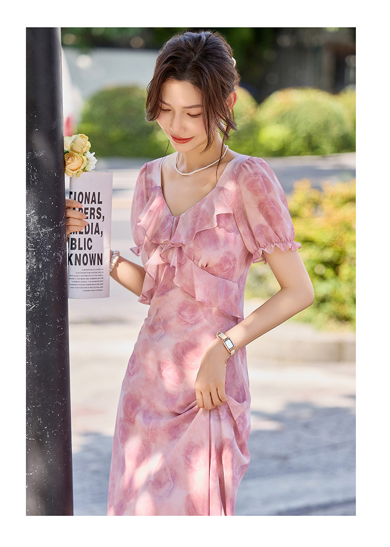 Đầm maxi nữ thắt eo in họa tiết hoa mùa hè tay ngắn — màu tím, Màu hồng chi tiết 15