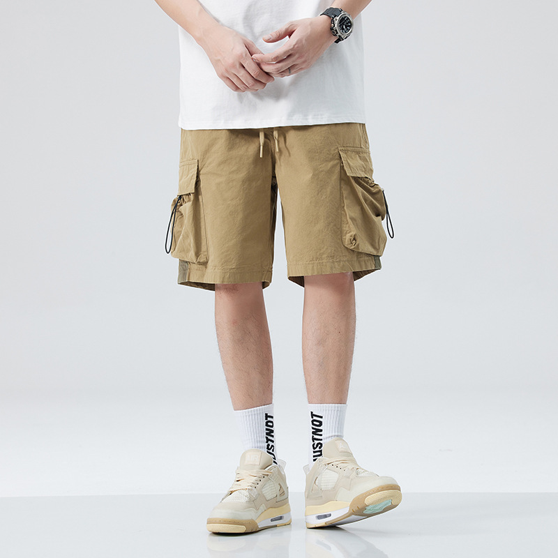 Summer Youthful Drawstring Elastic Waist Cargo Pants for Men Outdoor Commuting Versatile Multi-Pocket Breathable Five-Point Pants