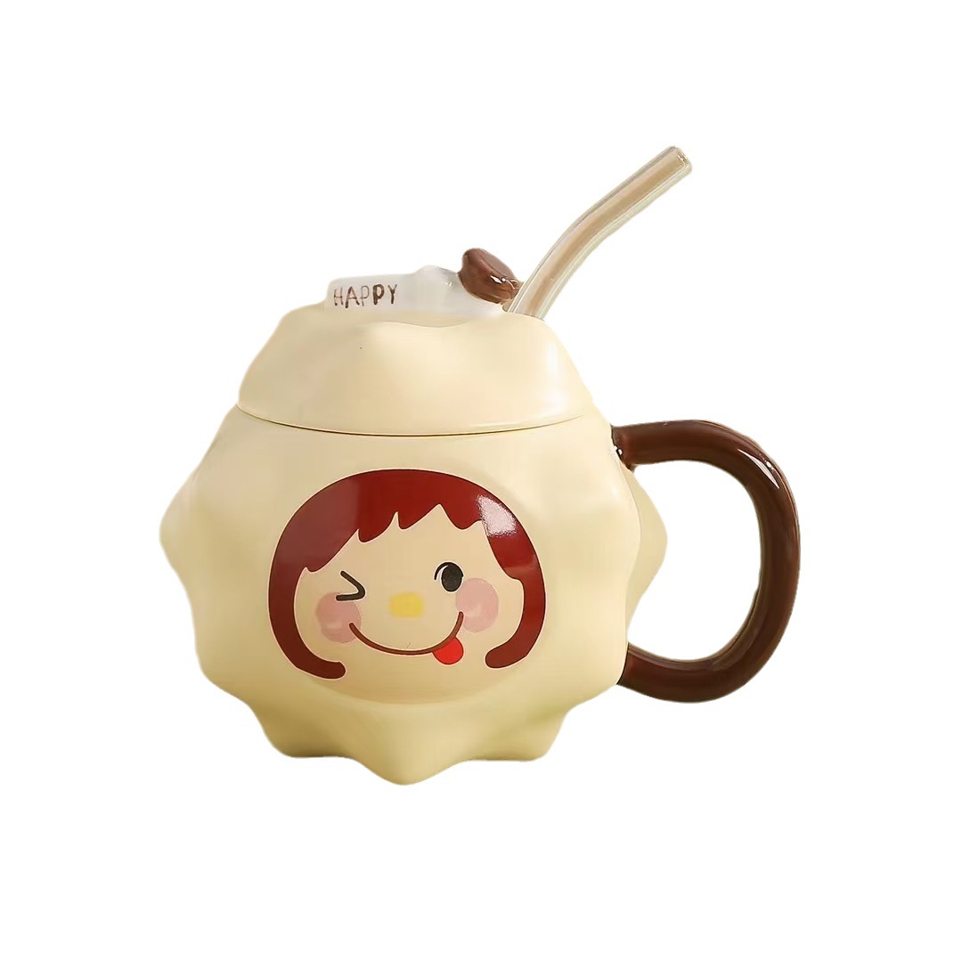 Creativo lindo Durian taza chica paja taza de agua personalidad de alto aspecto taza de desayuno de cerámica taza de oficina