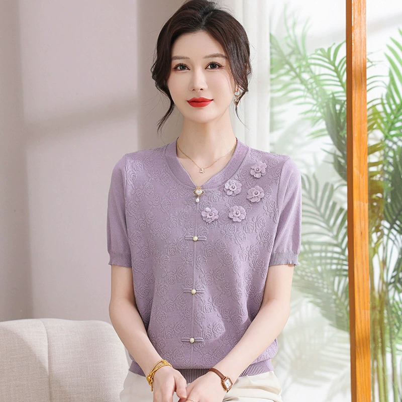 2025 весна и осень мама мода минус возраст трикотажные рубашки весна и осень новая средняя и пожилая женщина осенний темперамент топ с отворотами