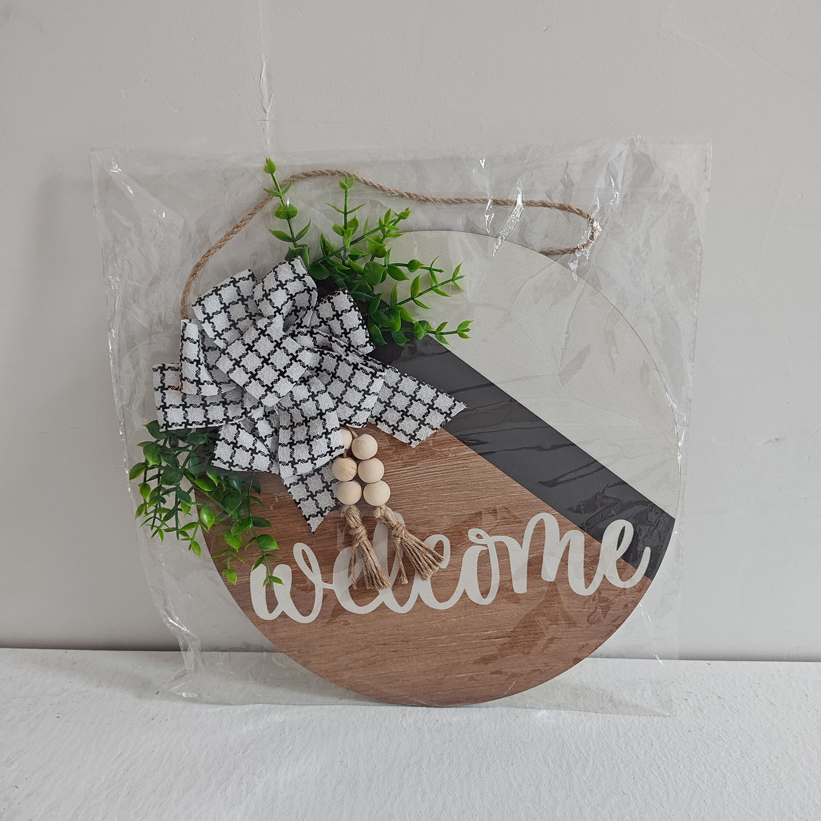 Explosiones transfronterizas Bienvenida decoración de patio de madera perla de agua yucari hierba redonda guirnaldas colgante de puerta