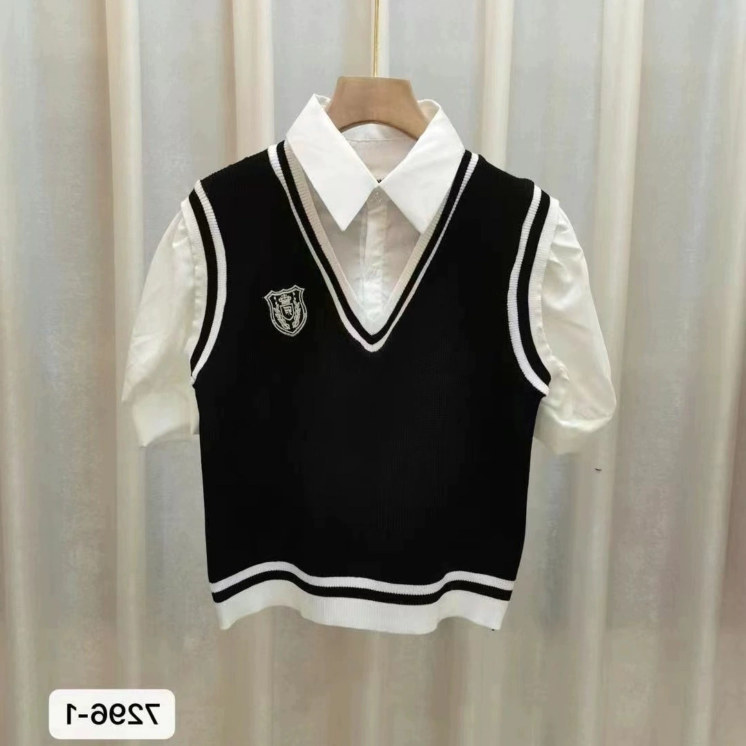 Лето 2025, новый свитер с воротником-поло в корейском стиле, с короткими рукавами, дизайн в студенческом стиле, топ