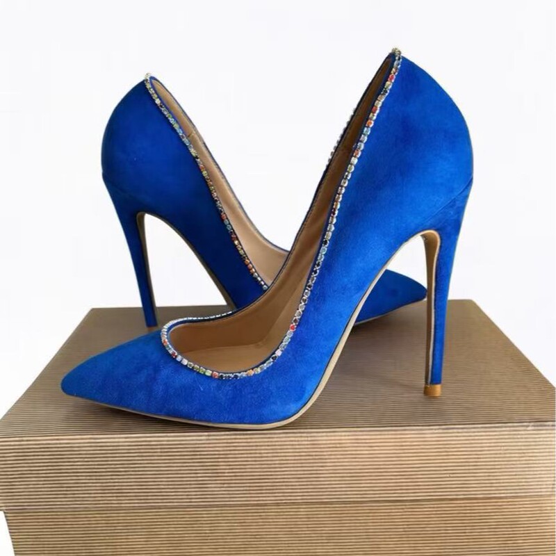 2025 New Style Simple Suede Rhinestone Pointed Toe Stiletto Large Size High Heels Blue Rhinestone Shallow Mouth Sexy Women's Shoes