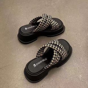 Platform platform high heel slippers for Women summer outdoor wear popular online celebrity French niche high-grade houndstooth sandals