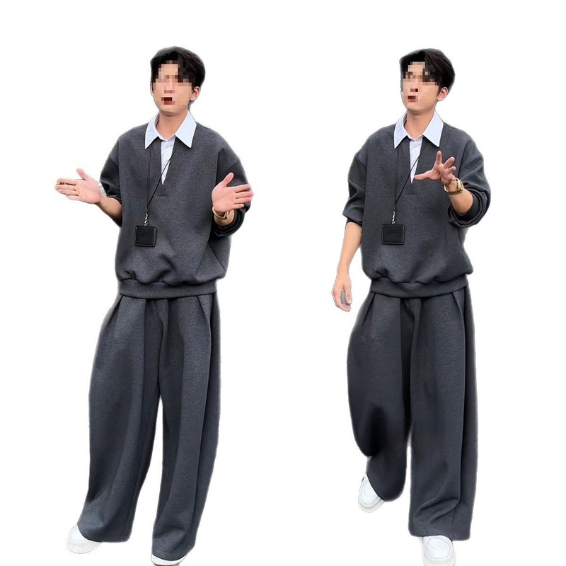 秋季新款感时尚简约休闲潮流轻奢男士假两件拼接宽松卫衣套装|undefined