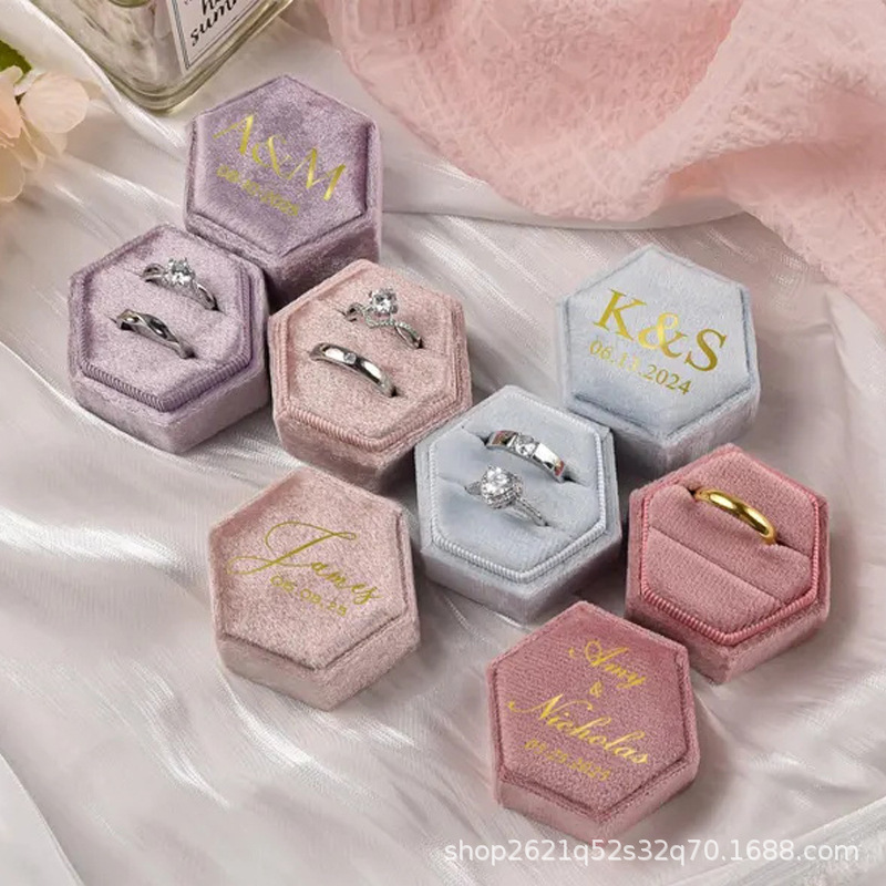 Etsy人気ホットスタンプ六角形ハクチョウベルベットリングボックスシングルスロットダブルスロット结婚式プロポーズ周年记念プレゼント|undefined